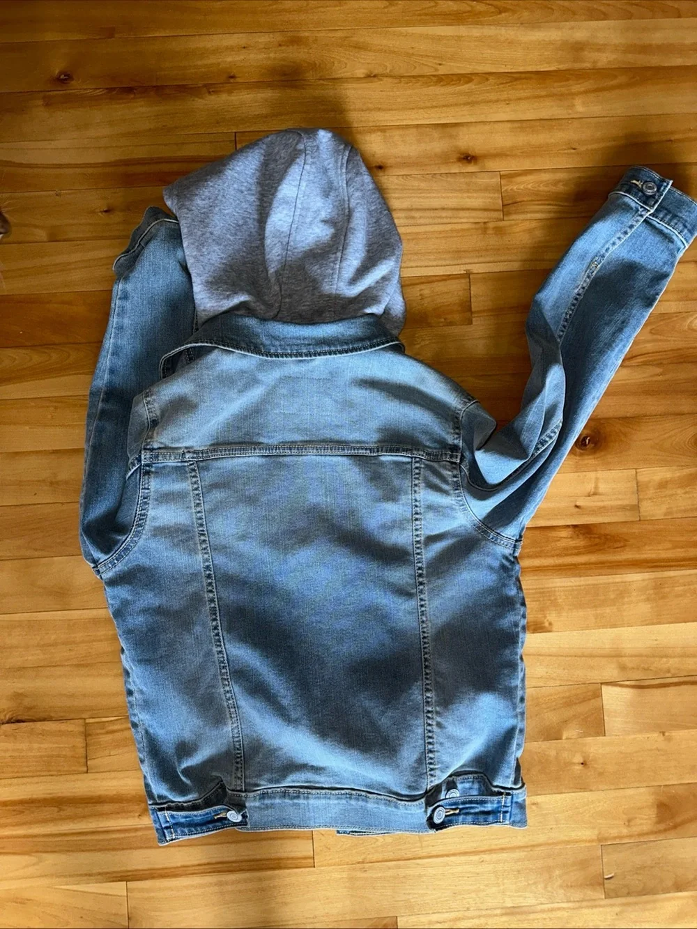 Old Navy Boys L 10-12 Denim Jean Jacket Blue Built In Hoodie Stretch Trucker